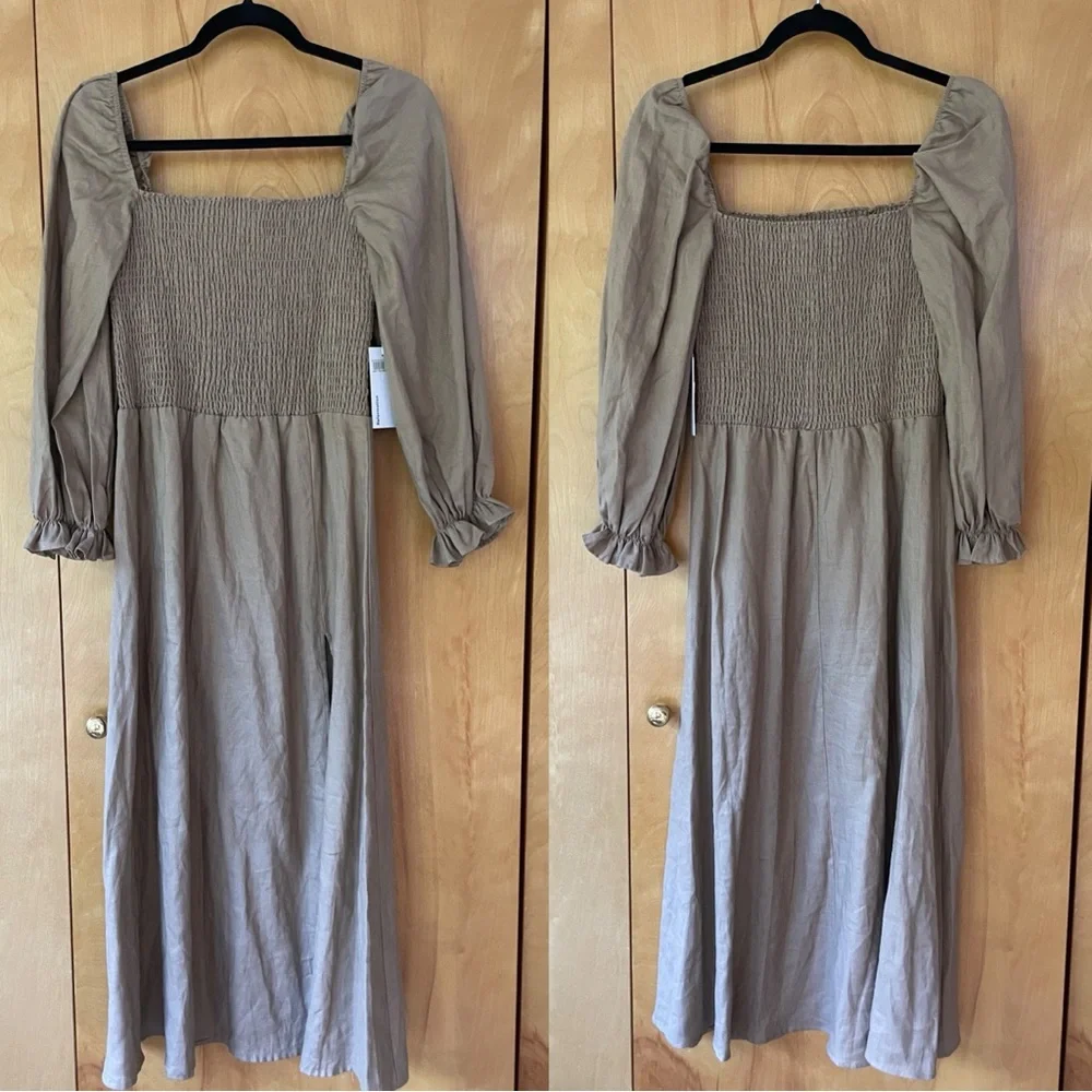 NWT Reformation Gitane Long Sleeve Smocked Linen Midi‎ Dress Khaki Large